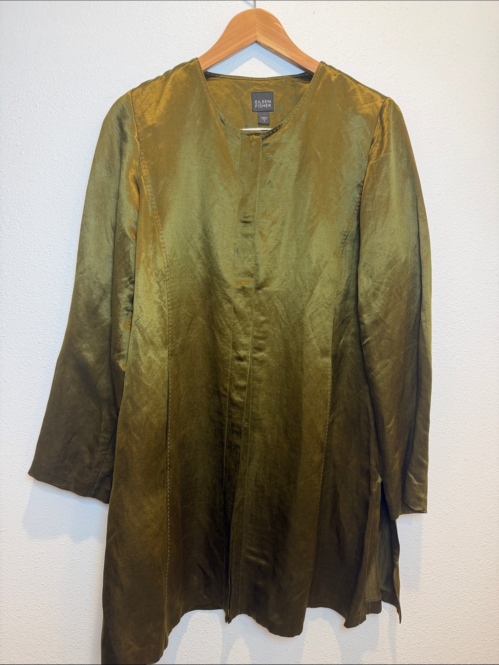 Eileen Fisher Olive Silk & Linen Hidden Button Coastal Boho Duster Jacket Size S
